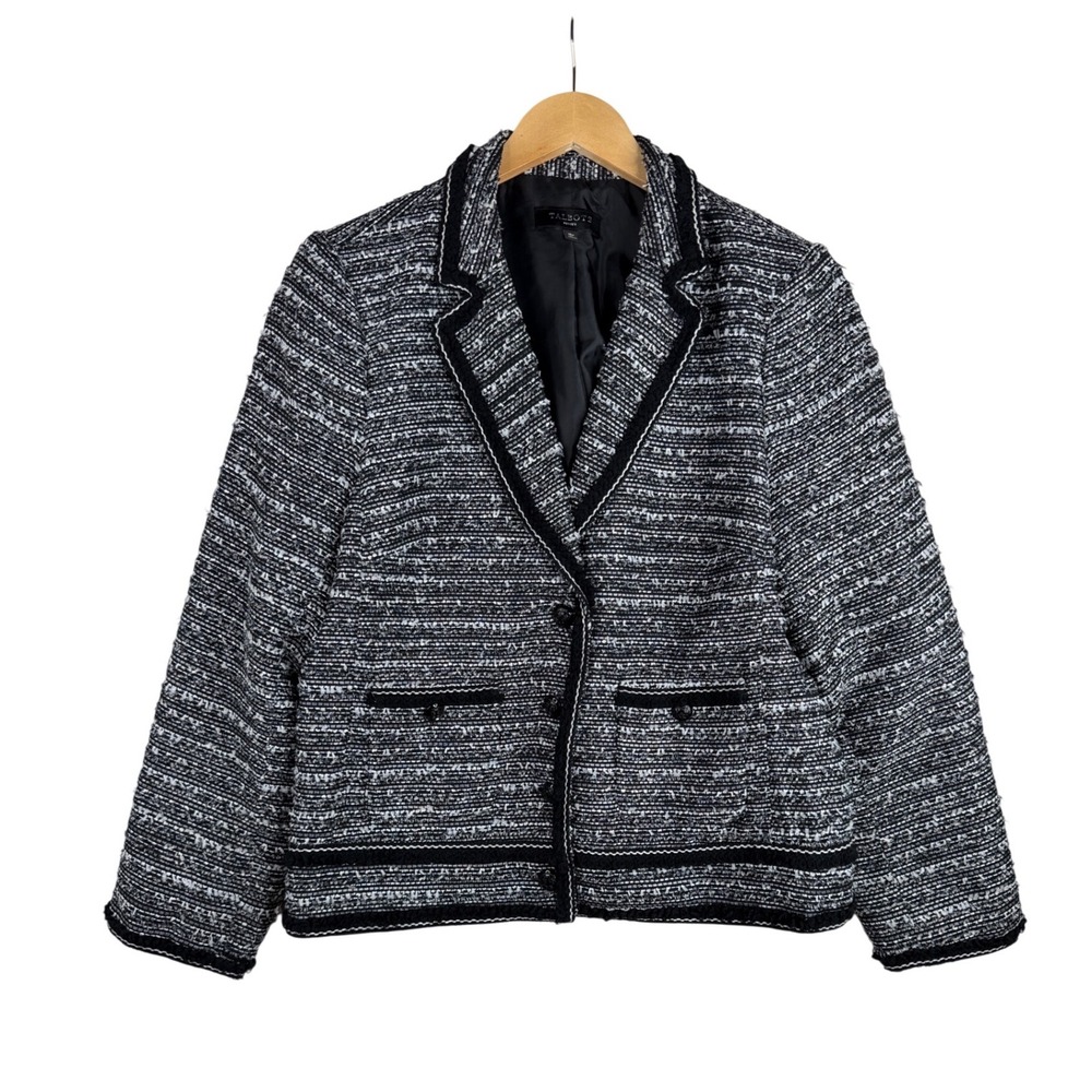 Talbots Jacket Tweed Black Ivory Print Collared Button Trim Lined Size 16P